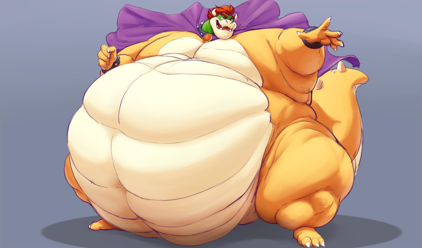 3_toes 5_fingers absurd_res animal_humanoid anthro armband belly big_belly bowser cape claws clothing collar croconut fingers hair hi_res horn humanoid hyper hyper_belly itzcharlie kosmonius male mario_bros morbidly_obese nintendo obese overweight red_hair scalie scalie_humanoid solo spiked_armband spiked_collar spiked_tail spikes spikes_(anatomy) toes video_games