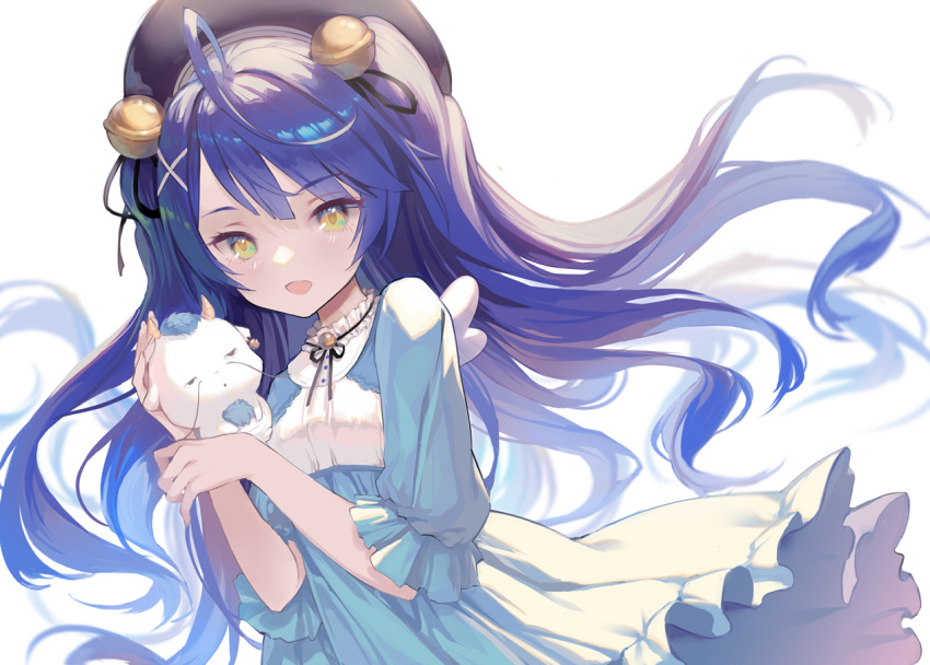 1girl :d amamiya_kokoro bell beret black_headwear black_ribbon blue_dress blue_hair commentary_request dress frilled_dress frills hair_bell hair_ornament hair_ribbon hairclip hands_up hat holding jingle_bell long_hair looking_at_viewer nijisanji ribbon ritsuki short_sleeves simple_background smile solo two_side_up very_long_hair virtual_youtuber white_background x_hair_ornament yellow_eyes