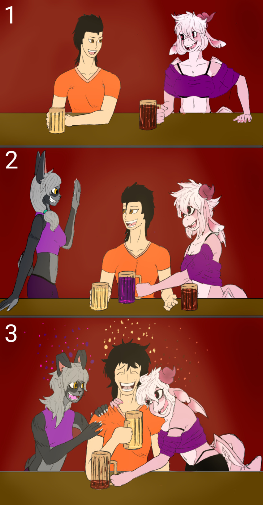 alcohol anthro bar beer beverage bottomwear bra clothing comic comic_page demon drinking drunk female group hair hi_res human laugh male mammal pants rabia_dervis scarlet shirt substance_intoxication teeth topwear underwear xorall