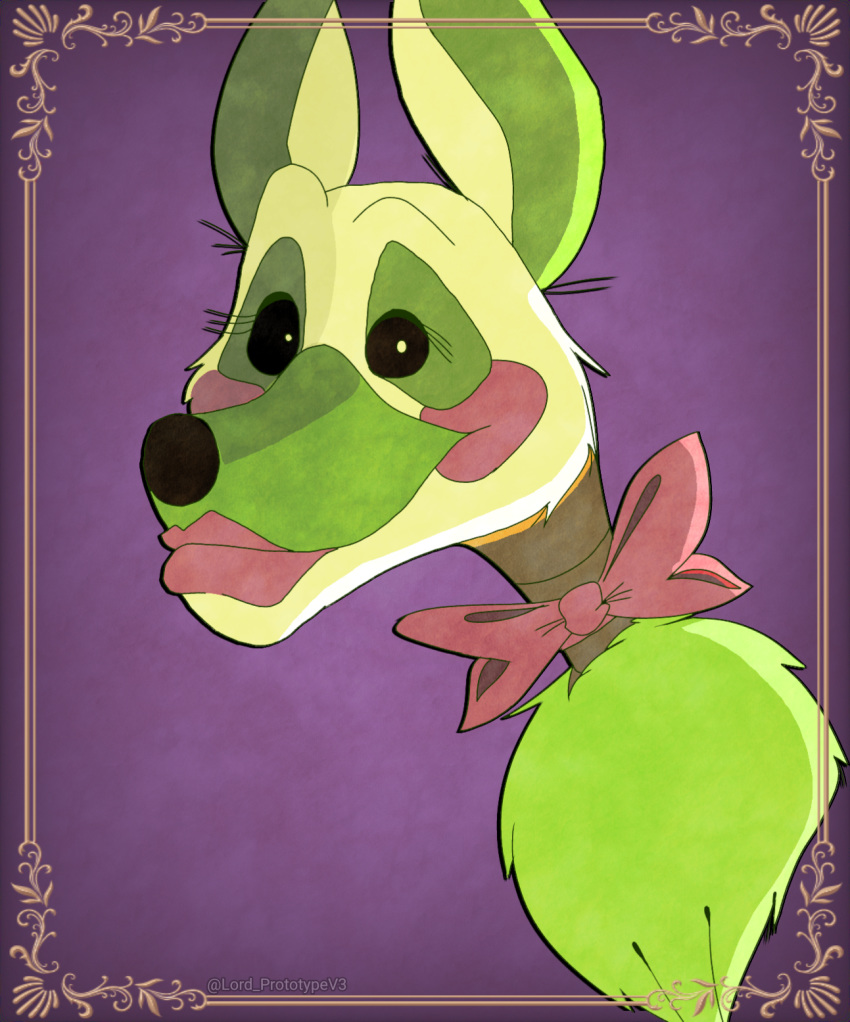 2019 ambiguous_gender animatronic bow_tie canid canine cg5 eyelashes five_nights_at_freddy's fox fur green_body green_fur green_inner_ear headshot_portrait hi_res lipstick looking_at_viewer machine makeup mammal portrait purple_background purple_cheeks robot simple_background smile solo tangle_(fnaf) video_games white_body white_eyes white_fur