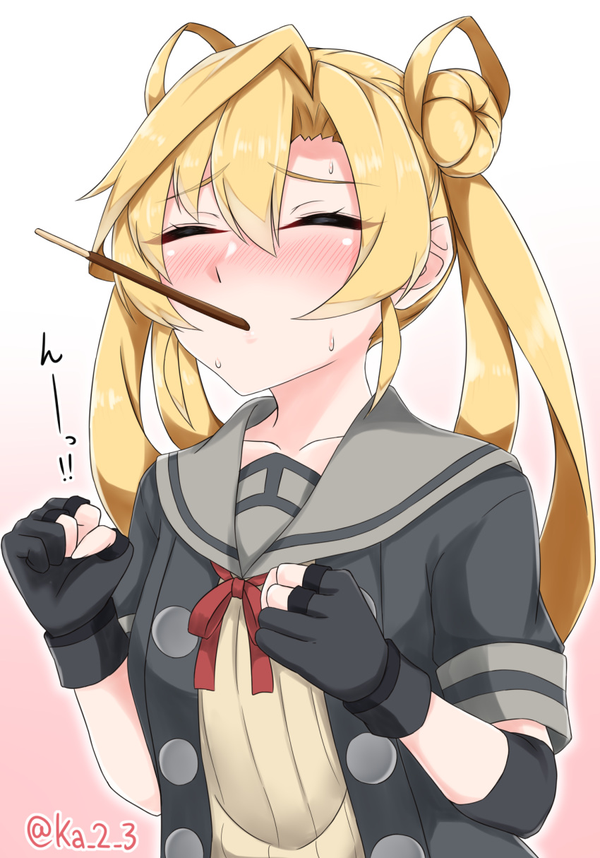 1girl abukuma_(kantai_collection) black_gloves black_jacket blonde_hair blush closed_eyes double_bun food food_in_mouth gloves hair_between_eyes hair_rings highres incoming_pocky_kiss jacket ka_tsumi kantai_collection long_hair mouth_hold neck_ribbon partially_fingerless_gloves pocky_day red_ribbon remodel_(kantai_collection) ribbon short_sleeves solo upper_body