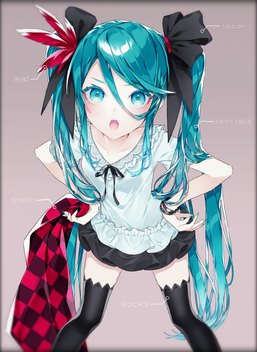 1055 1girl aqua_eyes aqua_hair aqua_nails black_legwear black_ribbon black_skirt bracelet checkered_blanket commentary eyeliner frilled_shirt frills hair_leaf hair_ribbon hands_on_hips hatsune_miku highres jewelry lace-trimmed_legwear lace-trimmed_shirt lace_trim leaning_forward long_hair looking_at_viewer makeup miniskirt open_mouth pleated_skirt project_diva_(series) ribbon shirt short_sleeves skirt solo supreme_(module) thighhighs twintails very_long_hair vocaloid white_shirt world_is_mine_(vocaloid)