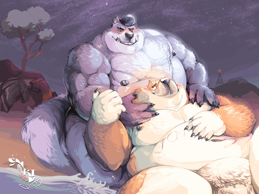 2020 4:3 akita akita_inu anthro beach black_nose blush canid canine canis claws commission_art digital_media_(artwork) digital_painting_(artwork) domestic_dog duo ear_piercing eyebrow_piercing facial_piercing fatso_jones featureless_crotch fluffy fluffy_tail fur grey_body grey_fur head_on_lap male male/male mammal monte_(worgenrouge) moobs morbidly_obese morbidly_obese_anthro morbidly_obese_male night nipples nude_male obese obese_anthro obese_male on_lap overweight overweight_anthro overweight_male piercing pompadour pubes rock romantic_ambiance romantic_couple sand sea seaside smokinchips spitz star tattoo tree water were werecanid werecanine weredog werewolf yellow_sclera