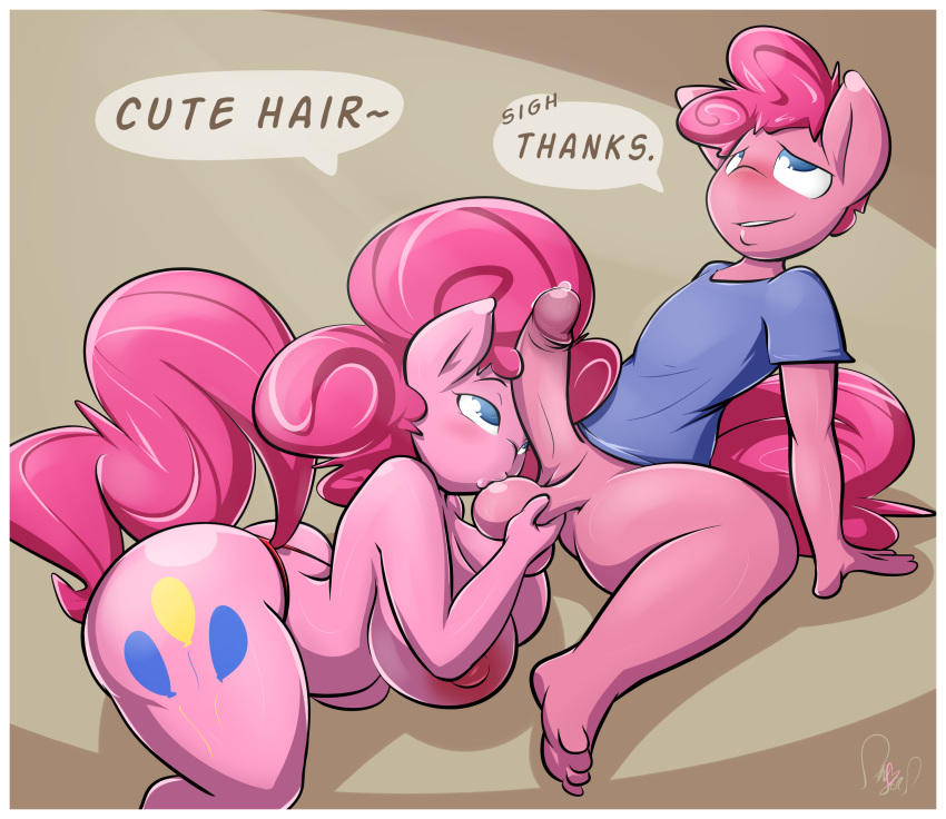 2017 anthro areola ball_fondling balls big_breasts blue_eyes blush bodily_fluids border bottomless breasts clothed clothing crossgender cutie_mark dialogue digital_media_(artwork) duo english_text equid equine erection feet female fondling friendship_is_magic genital_fluids genitals girly hasbro hi_res humanoid_genitalia humanoid_penis kissing male male/female mammal my_little_pony nipples penis penis_on_face pink_tail pinkie_pie_(mlp) precum sanders selfcest simple_background spread_legs spreading square_crossover text thick_thighs white_border