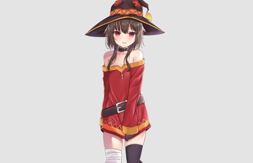 akino_ell bandage blush brown_hair collar dress flat_chest gray hat kono_subarashii_sekai_ni_shukufuku_wo! megumin no_bra red_eyes short_hair tears thighhighs third-party_edit witch_hat zettai_ryouiki