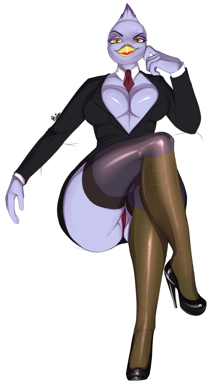 2020 anthro avian beak bird bourbon._(artist) breasts cleavage clothed clothing crossed_legs female footwear front_view hi_res high_heels humanoid_hands legwear lipstick looking_at_viewer makeup necktie panties purple_body shoes simple_background sitting solo stockings thigh_highs underwear white_background