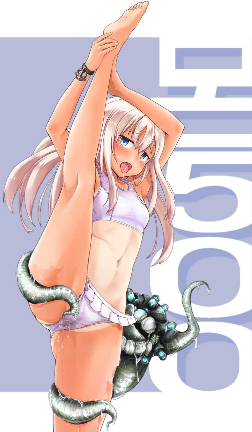 1girl arms_up ass bangs bare_arms bare_legs bare_shoulders barefoot bikini blue_eyes blush breasts cameltoe character_name commentary_request enemy_naval_mine_(kantai_collection) eyebrows_visible_through_hair flexible frills highres kantai_collection leg_lift leg_up long_hair looking_at_viewer navel one-piece_tan open_mouth ro-500_(kantai_collection) saliva simple_background small_breasts split spread_legs standing standing_on_one_leg standing_split sweat swimsuit tan tanline tears tentacles thighs tongue tongue_out tr-6 underwear wet white_bikini white_hair