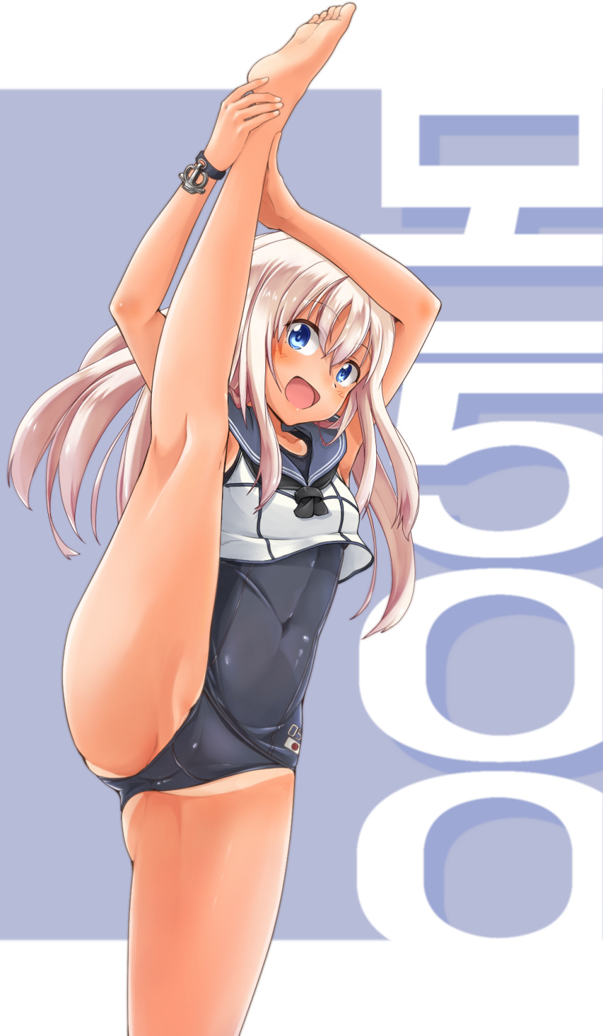 1girl ass bangs bare_legs bare_shoulders barefoot black_neckwear blue_eyes bracelet cameltoe commentary_request covered_navel crop_top flexible highres jewelry kantai_collection leg_lift leg_up long_hair looking_at_viewer one-piece_swimsuit one-piece_tan open_mouth ro-500_(kantai_collection) sailor_collar school_swimsuit smile solo split standing standing_on_one_leg standing_split stretch swimsuit swimsuit_under_clothes tan tanline thighs tr-6 white_hair