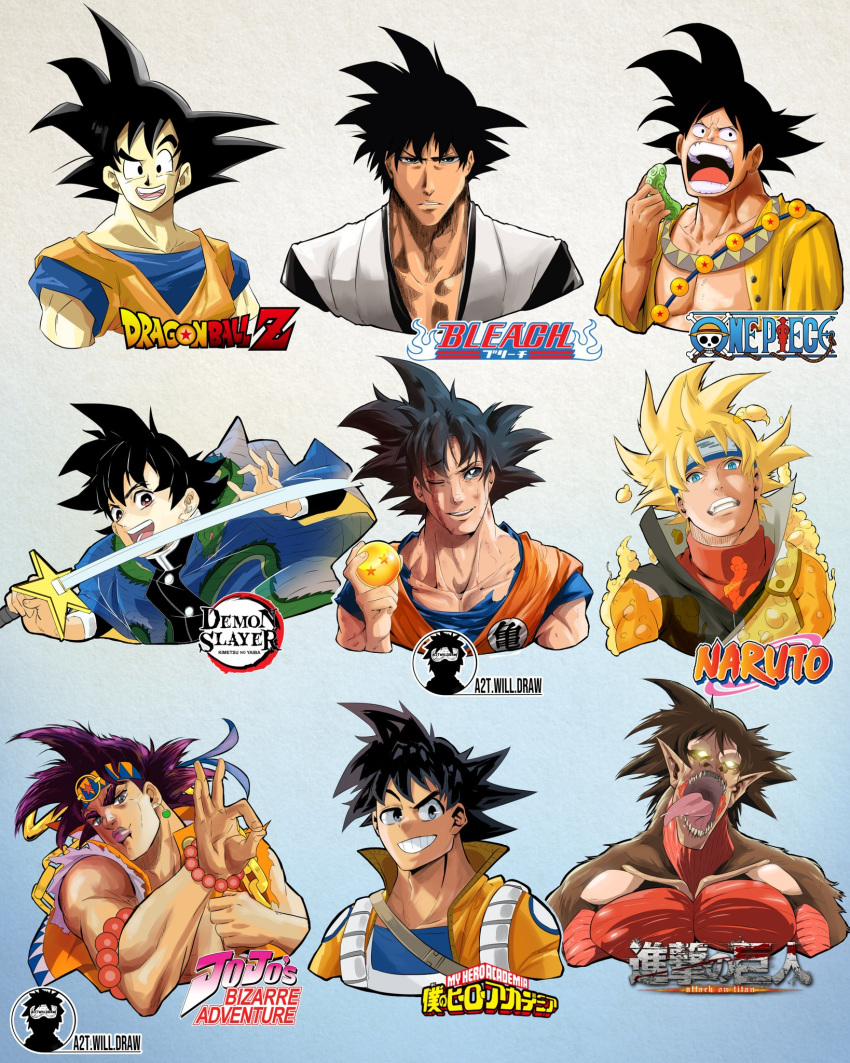 1boy :d a2t_will_draw araki_hirohiko_(style) black_eyes black_hair bleach blonde_hair blue_eyes boku_no_hero_academia bracelet bruise bruised_eye closed_mouth collarbone copyright_name dougi dragon_ball dragon_ball_(object) dragon_ball_z english_commentary gotouge_koyoharu_(style) grin headband highres holding holding_sword holding_weapon horikoshi_kouhei_(style) injury isayama_hajime_(style) jewelry jojo_no_kimyou_na_bouken katana kimetsu_no_yaiba kishimoto_masashi_(style) kubo_taito_(style) lips looking_at_viewer male_focus multiple_style_parody multiple_views naruto naruto_(series) oda_eiichirou_(style) one_eye_closed one_piece open_mouth parody shingeki_no_kyojin smile son_goku spiked_hair style_parody sword titan_(shingeki_no_kyojin) toriyama_akira_(style) upper_body weapon