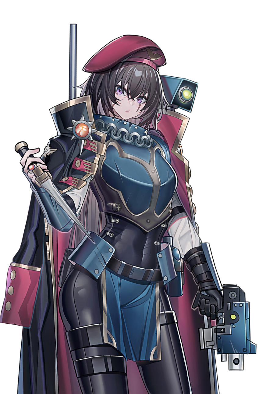 1girl beret black_coat black_hair breastplate catsuit closed_mouth coat coat_on_shoulders covered_navel cowboy_shot crop_top dagger echj facial_scar faulds gauntlets gun hat highres holding holding_dagger holding_gun holding_weapon long_hair long_sleeves looking_at_viewer pelvic_curtain purple_eyes red_headwear scar scar_across_eye scar_on_cheek simple_background solo standing tempestor_prime thigh_strap warhammer_40k weapon white_background