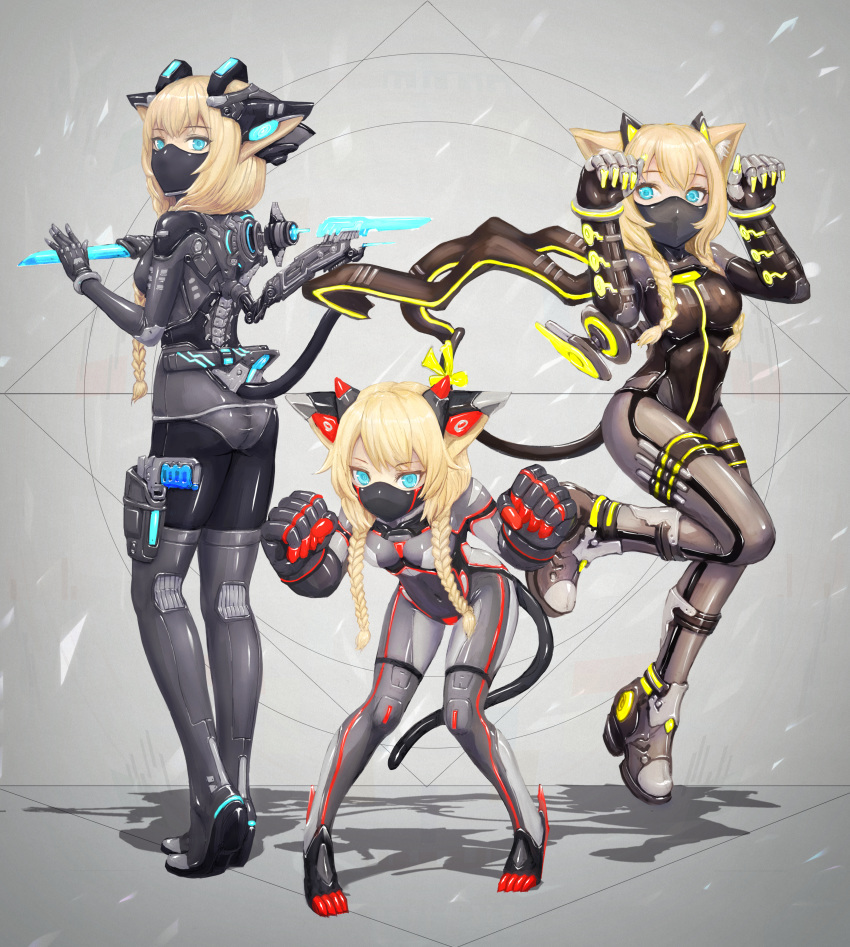 3girls absurdres animal_ear_fluff animal_ears blonde_hair blue_eyes bodysuit braid breasts cat_ears cat_tail commentary_request eyebrows_visible_through_hair full_body grey_background gun handgun highres holster huge_filesize impossible_bodysuit impossible_clothes knife looking_at_viewer mecha_musume multiple_girls ninja_mask original oversized_forearms oversized_limbs paw_pose ribbon shadow shiny shiny_clothes small_breasts tail tail_ribbon thigh_holster weapon yumikoyama49
