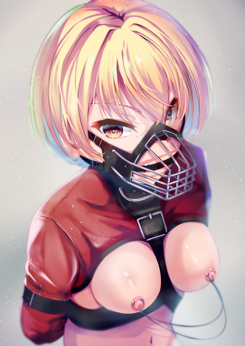 1girl absurdres arms_behind_back bdsm bit_gag blonde_hair bound bound_arms breast_cutout commentary_request gag grey_background highres huge_filesize idolmaster idolmaster_shiny_colors looking_at_viewer muzzle nipple_piercing nipple_rings piercing saijou_juri shimofuji_jun short_hair solo straitjacket yellow_eyes