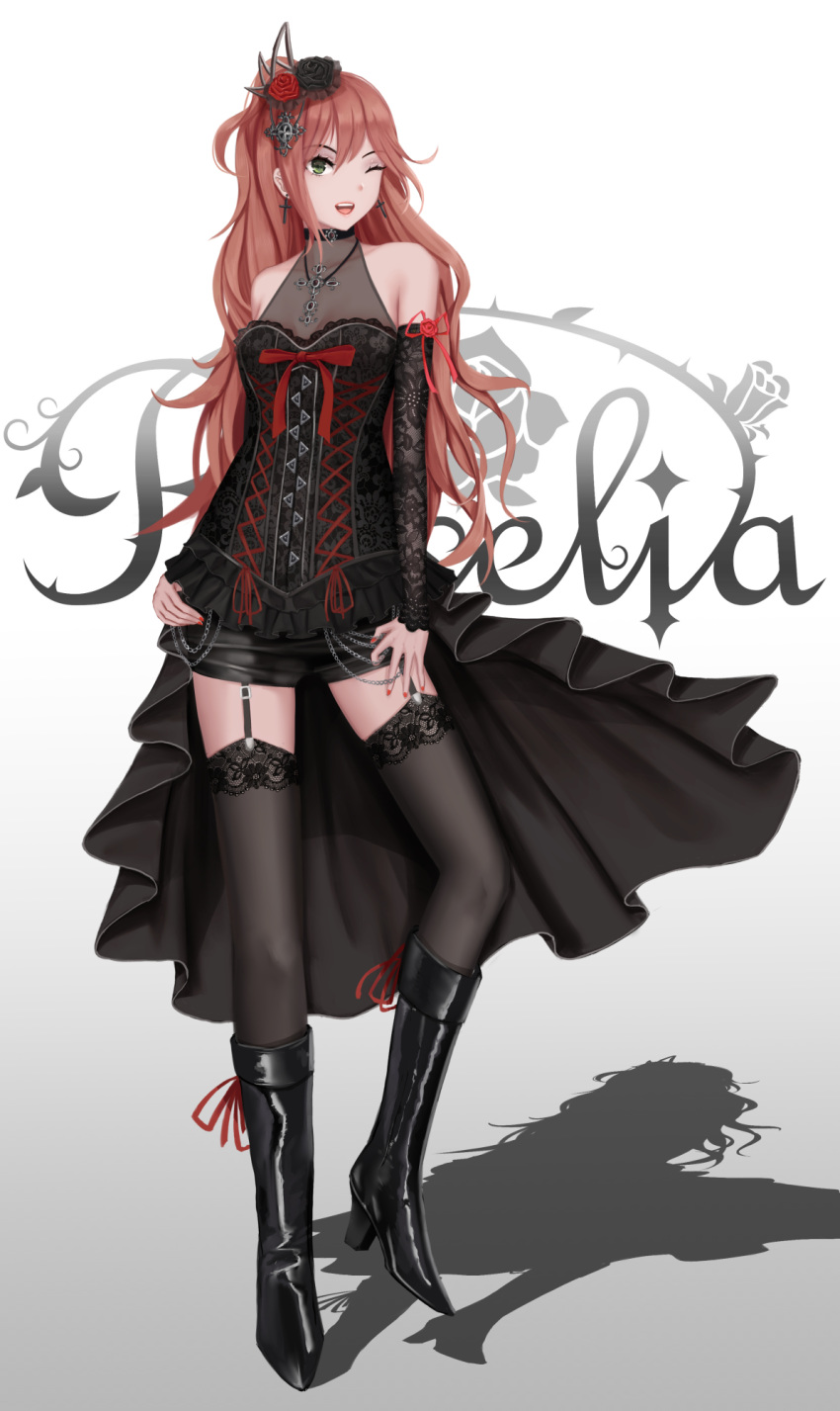 1girl ;d bang_dream! black_choker black_flower black_footwear black_legwear black_rose black_shorts black_sleeves boots breasts brown_hair choker cleavage collarbone cross cross_earrings detached_sleeves earrings flower full_body garter_straps gradient gradient_background green_eyes grey_background hair_flower hair_ornament highres imai_lisa jewelry knee_boots long_hair long_sleeves micro_shorts nail_polish one_eye_closed open_mouth red_flower red_nails red_ribbon red_rose ribbon rose roselia_(bang_dream!) shiny shiny_hair shorts small_breasts smile solo standing thighhighs very_long_hair waist_cape white_background yuzuriha
