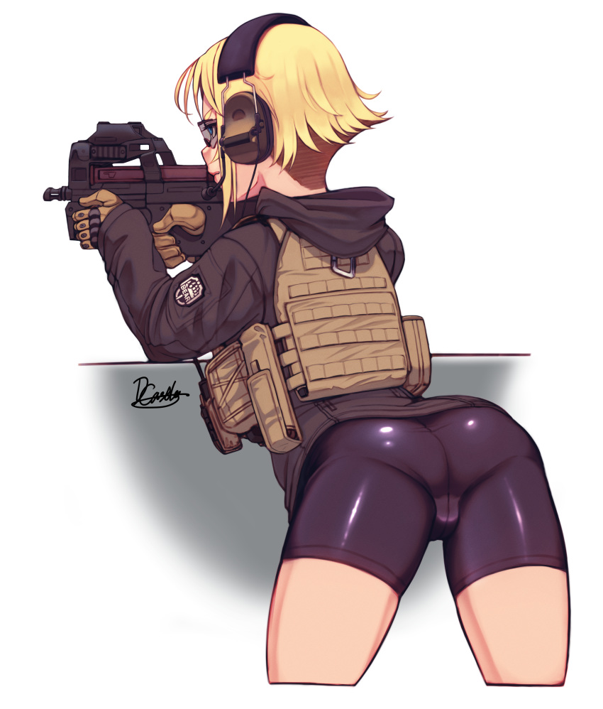 1girl absurdres ass bike_shorts blonde_hair bullpup dragoncastle escape_from_tarkov gloves goggles gun headset highres hood hoodie load_bearing_vest original p90 pantylines plate_carrier short_hair solo submachine_gun weapon white_background