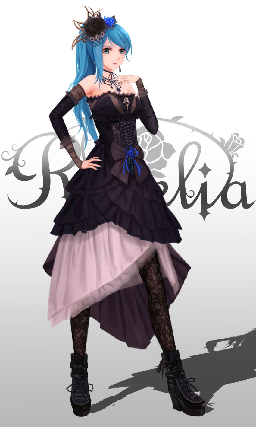1girl bang_dream! bangs black_dress black_flower black_footwear black_legwear black_rose black_sleeves blue_flower blue_hair blue_nails blue_rose boots breasts closed_mouth detached_sleeves dress flower full_body gothic_lolita gradient gradient_background green_eyes grey_background hair_flower hair_ornament hand_on_hip high_ponytail highres hikawa_sayo jewelry layered_dress lolita_fashion long_hair long_sleeves looking_at_viewer medium_breasts nail_polish necklace pantyhose rose roselia_(bang_dream!) shadow sleeveless sleeveless_dress solo strapless strapless_dress swept_bangs white_background yuzuriha