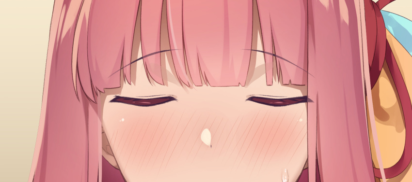 1girl bangs blush brown_background close-up closed_eyes emphasis_lines eyebrows_visible_through_hair face facing_viewer hair_between_eyes highres kotonoha_akane nose_blush parutoneru pink_hair simple_background solo sweat tears voiceroid