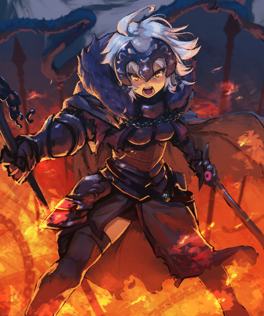 1girl ahoge armor batayu black_legwear breastplate cape chain commentary_request dual_wielding fate/grand_order fate_(series) faulds fire gauntlets glowing hair_between_eyes headpiece helmet highres holding holding_sword holding_weapon jeanne_d'arc_(alter)_(fate) jeanne_d'arc_(fate)_(all) legs_apart looking_at_viewer open_mouth ringed_eyes short_hair silver_hair slit_pupils solo standing sword teeth thighhighs torn_cape torn_clothes weapon white_hair yellow_eyes zettai_ryouiki