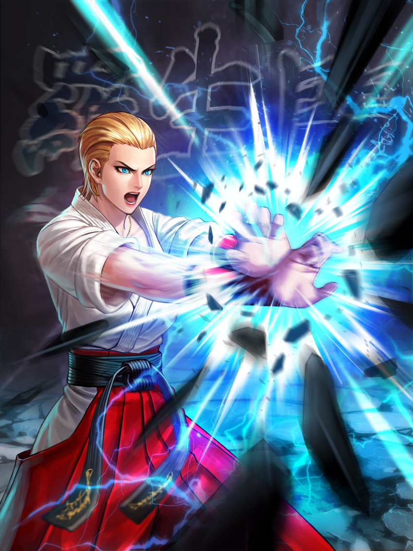 1girl belt black_belt chest_scar dougi eyeliner fatal_fury forehead geese_howard genderswap genderswap_(mtf) hair_slicked_back hakama highres japanese_clothes jewelry lady_geese_howard makeup official_art pendant red_hakama sarashi scar snk solo the_king_of_fighters the_king_of_fighters_all-stars