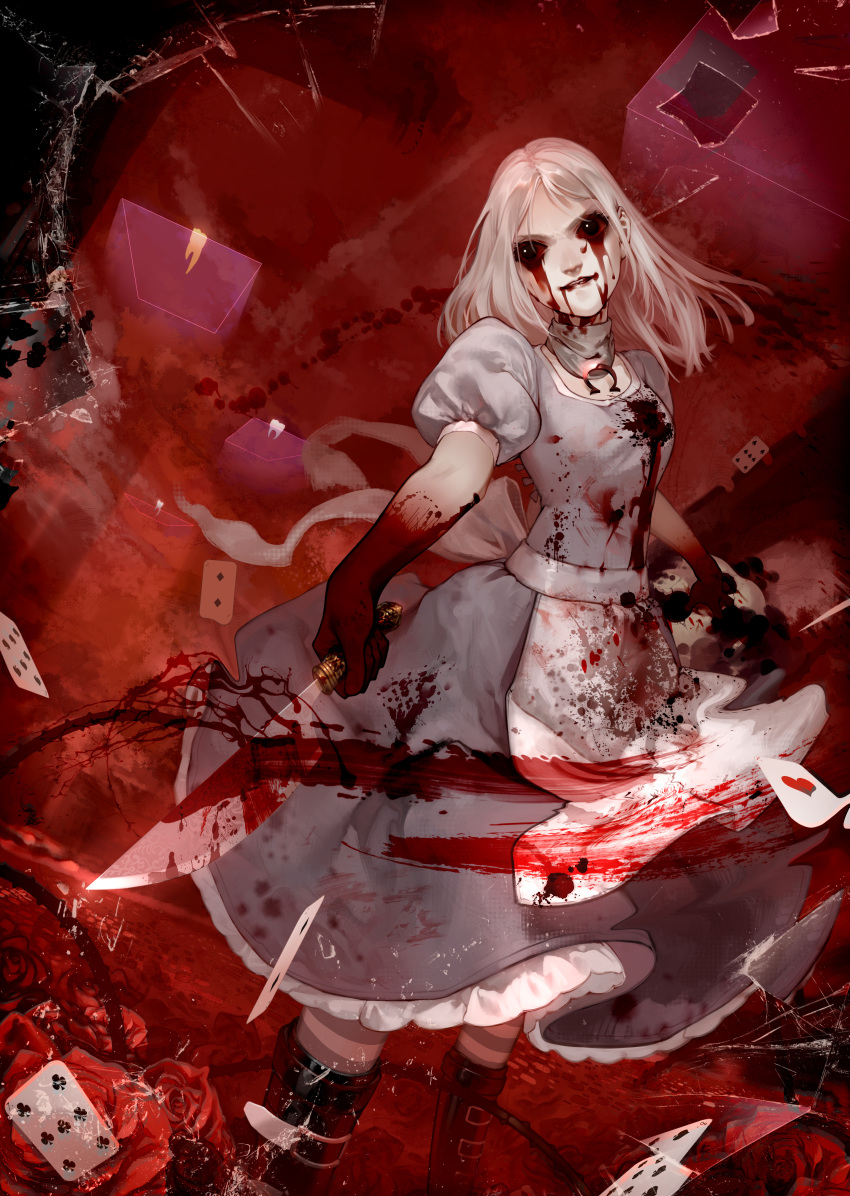 1girl absurdres alice:_madness_returns alice_(wonderland) american_mcgee's_alice apron black_hair blood boots breasts card chiizu_namasu dress highres jupiter_symbol knife long_hair looking_at_viewer pantyhose solo striped striped_legwear