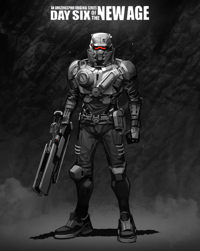 1boy armor clenched_hand english_commentary gun highres holding holding_gun holding_weapon looking_at_viewer monochrome original science_fiction solo spot_color theamazingspino visor weapon