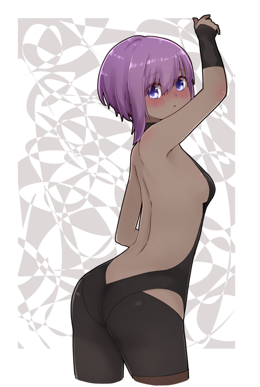 1girl arm_up ass backless_outfit bangs bare_back bare_shoulders black_leotard blush breasts cropped_legs dark_skin eyebrows_visible_through_hair fate/prototype fate/prototype:_fragments_of_blue_and_silver fate_(series) from_behind hair_between_eyes hassan_of_serenity_(fate) highres i.u.y leotard looking_at_viewer looking_back nose_blush parted_lips purple_eyes purple_hair small_breasts solo