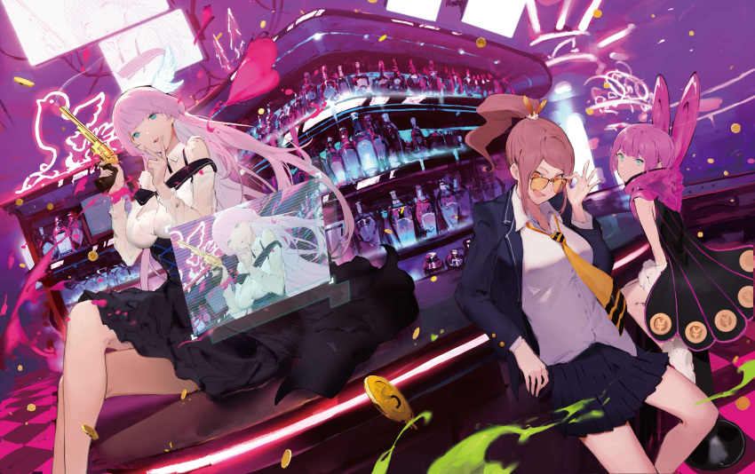 3girls :d absurdres aqua_eyes bangs bar bar_stool blazer blunt_bangs boku_wa_saiseisuu_boku_wa_shi bottle breasts brown_eyes brown_hair character_request checkered checkered_floor coin counter cover_image crossed_legs dress dress_shirt floating_screen gun hair_ornament handgun high_ponytail highres holding holding_gun holding_weapon jacket kureta_(nikogori) large_breasts light_purple_hair long_hair long_sleeves looking_at_viewer looking_to_the_side medium_breasts miniskirt multiple_girls necktie neon_lights novel_illustration off-shoulder_dress off_shoulder official_art on_counter on_stool open_blazer open_clothes open_jacket open_mouth parted_bangs parted_lips pleated_skirt ponytail purple_hair revolver school_uniform screen see-through shelf shirt short_hair sidelocks sitting skirt sleeveless smile stool sunglasses textless weapon white_footwear white_shirt wing_hair_ornament yellow_neckwear