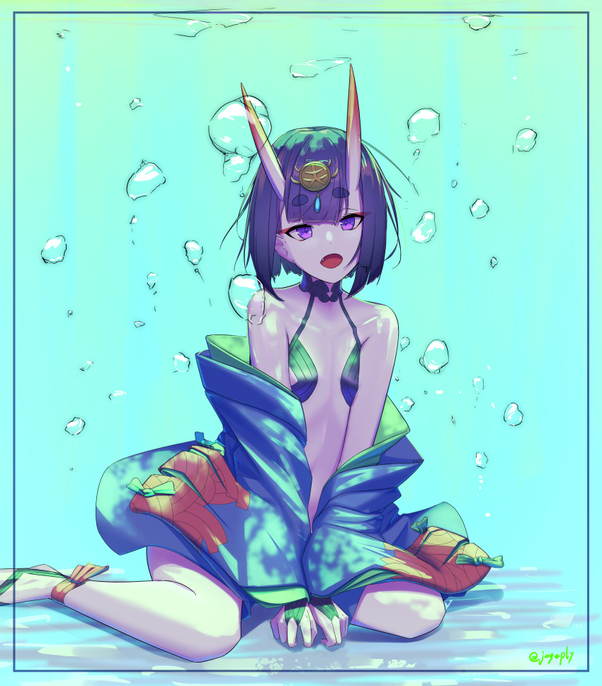 1girl absurdres blue_kimono collarbone eyebrows_visible_through_hair fate/grand_order fate_(series) flat_chest highres horns japanese_clothes kimono looking_at_viewer oni oni_horns open_mouth purple_eyes purple_hair sawarineko short_hair shuten_douji_(fate/grand_order) sitting solo thick_eyebrows twitter_username