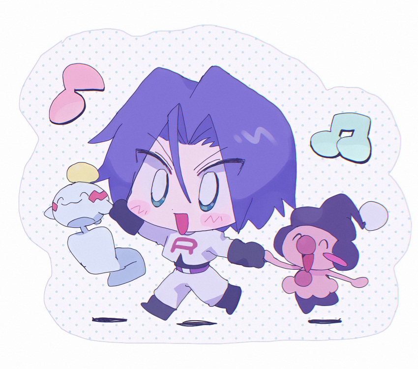 1boy 2ameyasan2 chibi chimecho gen_3_pokemon gen_4_pokemon green_eyes highres james_(pokemon) kawai mime_jr. pokemon pokemon_(anime) pokemon_(creature) purple_hair team_rocket