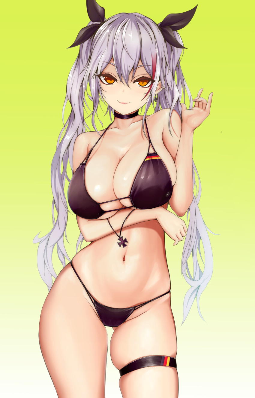 1girl absurdres arm_under_breasts ass_visible_through_thighs azur_lane bangs bare_shoulders bikini black_bikini black_legwear black_ribbon breasts choker cleavage closed_mouth collarbone cowboy_shot earrings eyebrows_visible_through_hair flag_print franz_(217franz) german_flag_bikini gradient gradient_background green_background groin hair_between_eyes hair_ribbon hand_up highres iron_cross jewelry large_breasts long_hair looking_at_viewer multicolored_hair navel orange_eyes prinz_eugen_(azur_lane) prinz_eugen_(unfading_smile)_(azur_lane) ribbon shiny shiny_hair silver_hair skindentation solo standing strap_gap streaked_hair swimsuit thigh_strap thighs twintails underboob white_background