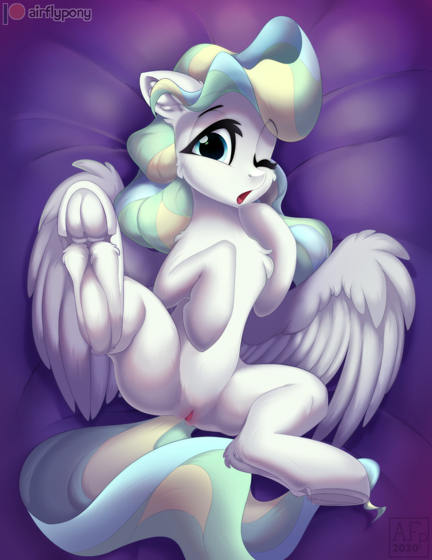 absurd_res airfly-pony airflypony blue_eyes digital_media_(artwork) equid equine feathers female feral genitals hair hasbro hi_res horse lying mammal mane my_little_pony on_back open_mouth pony pussy solo spread_legs spreading white_body wings