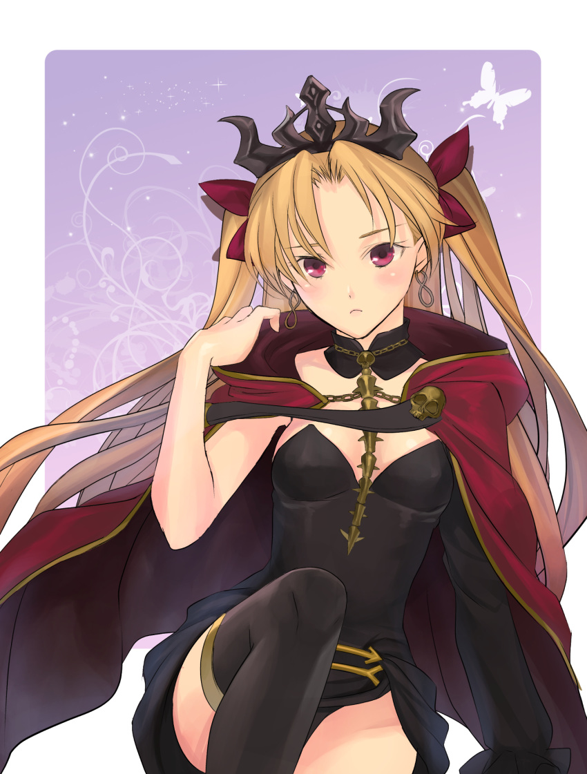 1girl asymmetrical_long_sleeves between_breasts black_choker black_legwear black_leotard blonde_hair border bow breasts cape choker closed_mouth diadem earrings ereshkigal_(fate/grand_order) fate/grand_order fate_(series) floating_hair frown hair_bow hair_intakes highres jewelry leotard long_hair looking_at_viewer outside_border purple_background red_bow red_cape red_eyes ri-ko single_sleeve sitting small_breasts solo strapless strapless_leotard thighhighs twintails very_long_hair white_border