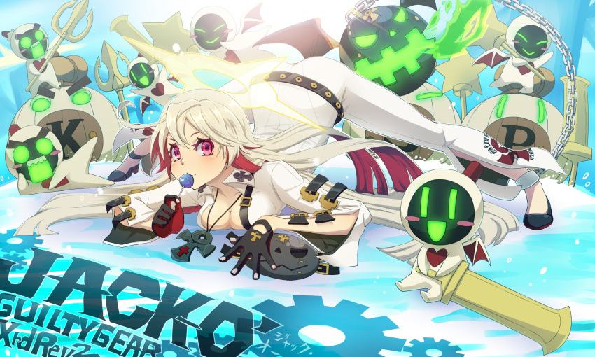 1girl ankh ankle_strap arched_back ball_and_chain ball_and_chain_restraint bellbottoms belt black_footwear blonde_hair bodysuit breast_press breast_rest breasts candy chain character_name cleavage food food_in_mouth gloves guilty_gear halo highres holding holding_candy holding_food holding_lollipop jack-o'_valentine jewelry jumpsuit knight_servant lollipop long_hair long_sleeves looking_at_viewer medium_breasts multicolored_hair necklace open_bodysuit open_clothes open_jumpsuit partially_unzipped pink_eyes red_hair seamed_legwear skin_tight split spread_legs straitjacket studded_belt suesuguru top-down_bottom-up two-tone_hair very_long_hair white_bodysuit wide_spread_legs