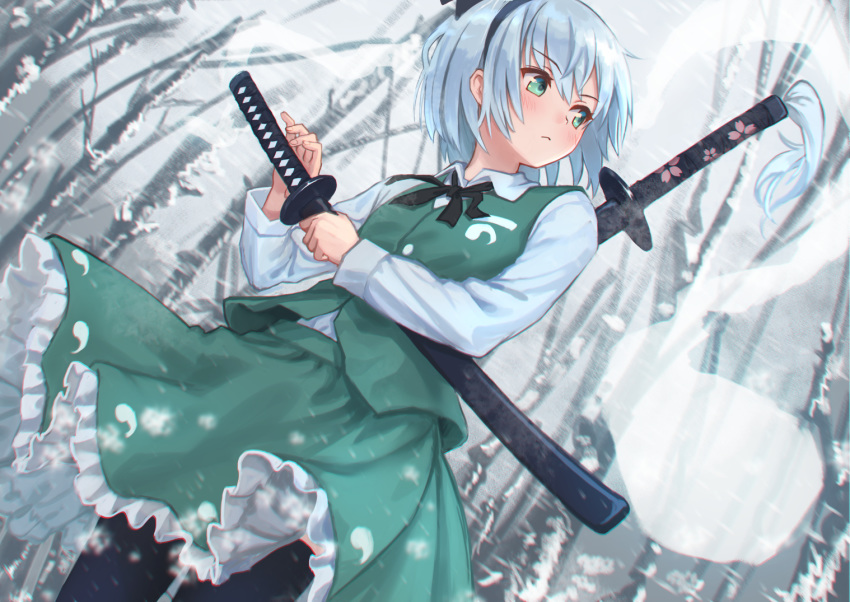 1girl bare_tree black_hairband black_legwear black_neckwear black_ribbon blush cherry_blossom_print commentary_request cowboy_shot day floral_print ghost green_eyes green_skirt green_vest grey_hair hair_ribbon hairband holding holding_sword holding_weapon katana konpaku_youmu konpaku_youmu_(ghost) long_sleeves neck_ribbon outdoors ribbon roke_(taikodon) shirt short_hair skirt snow snowing solo sword tassel thighhighs touhou tree vest weapon white_shirt