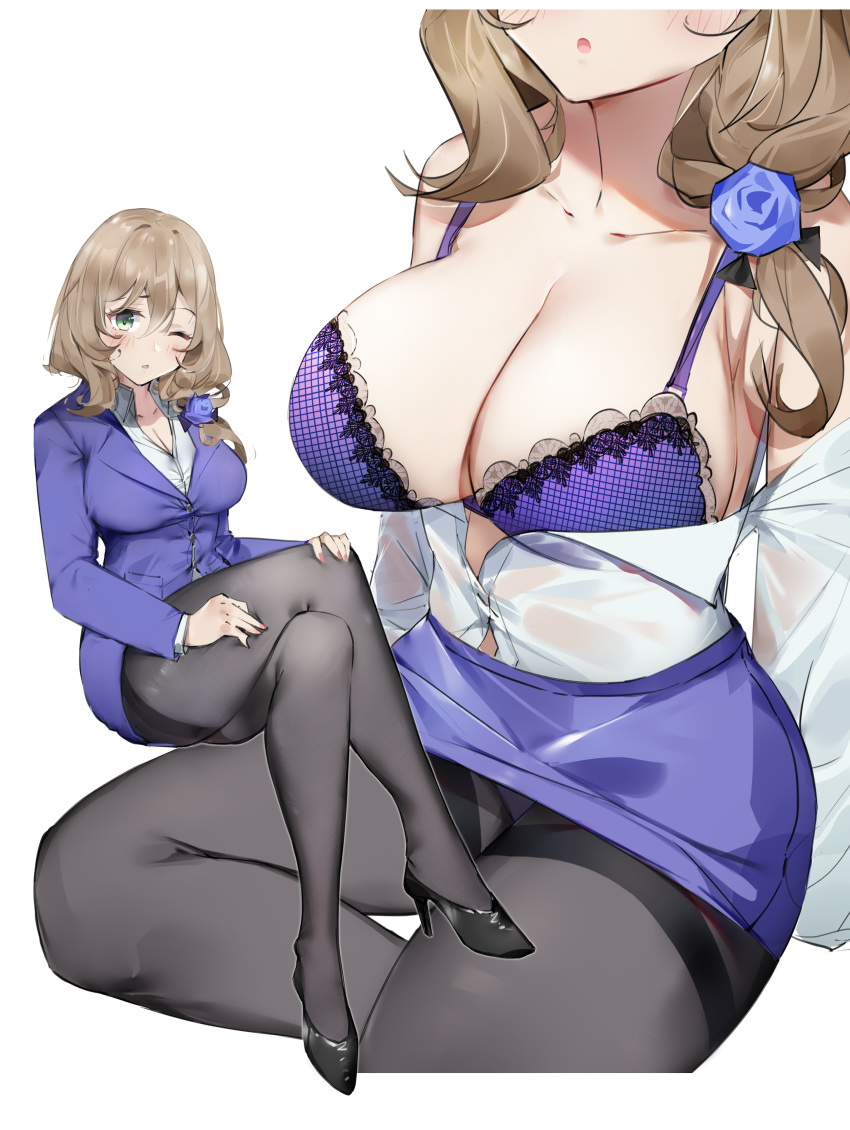 :o absurdres bangs bare_shoulders black_legwear blush bra breasts brown_hair cleavage commentary_request cropped_legs flower genshin_impact green_eyes hair_between_eyes hair_flower hair_ornament highres jacket lace-trimmed_bra lace_trim large_breasts lisa_(genshin_impact) long_hair long_sleeves looking_at_viewer multiple_views off_shoulder office_lady open_clothes open_mouth open_shirt pantyhose pencil_skirt purple_bra purple_flower purple_jacket purple_rose rose sanmery shirt simple_background skirt thighband_pantyhose underwear upskirt white_background white_shirt