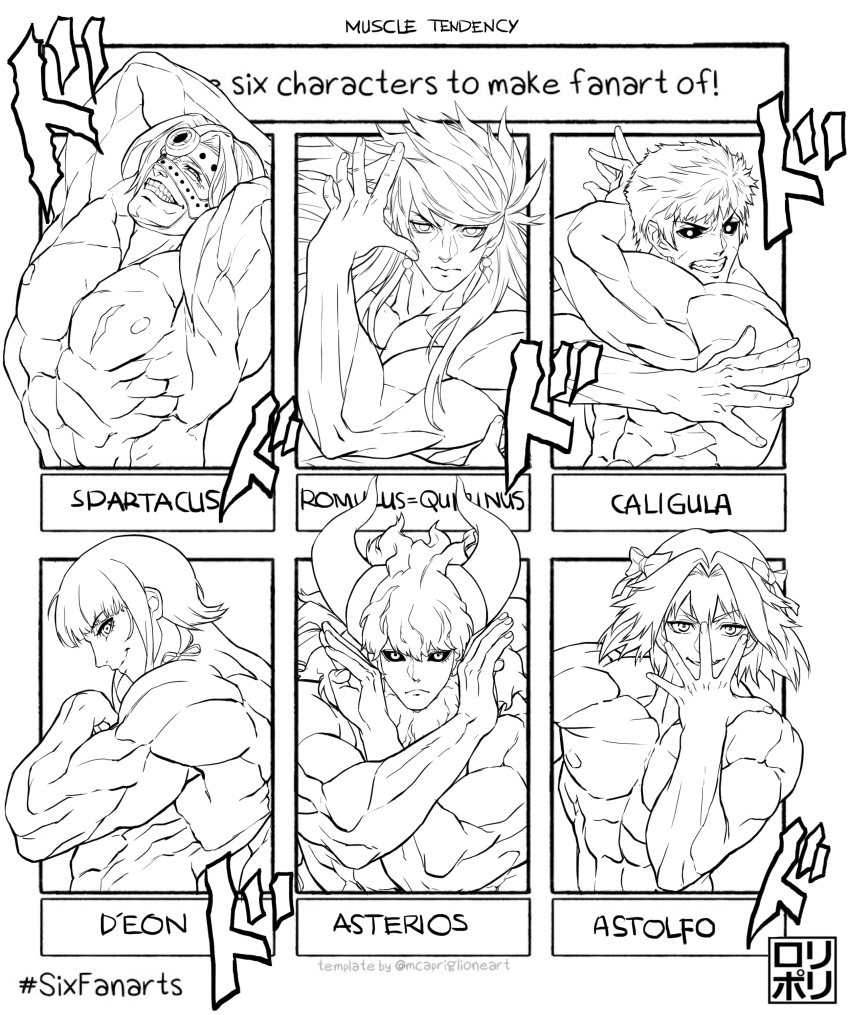 6+boys abs absurdres arms_up asterios_(fate/grand_order) astolfo_(fate) bangs black_nails black_sclera caligula_(fate/grand_order) character_name chevalier_d'eon_(fate/grand_order) closed_mouth completely_nude cow_horns dark_blue_hair dodododo earrings elbow_gloves english_text fate/grand_order fate_(series) gloves highres horns jamrolypoly jewelry jojo_no_kimyou_na_bouken jojo_pose long_hair looking_at_viewer male_focus menacing_(jojo) multiple_boys muscle navel nipples nude pose romulus_quirinus_(fate/grand_order) simple_background six_fanarts_challenge smile sound_effects spartacus_(fate) uncolored upper_body very_long_hair white_background
