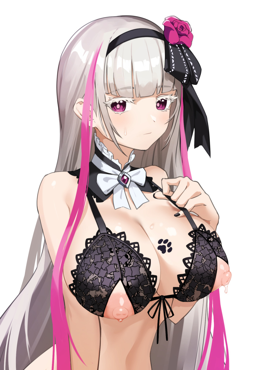 1girl areolae bangs bare_arms bare_shoulders black_bra black_hairband black_nails black_ribbon blunt_bangs bow bowtie bra breast_tattoo breasts cleavage closed_mouth colored_eyelashes commentary_request cupless_bra detached_collar eternity_(last_origin) ett eyebrows_visible_through_hair fingernails flower front-tie_bra front-tie_top hair_flower hair_ornament hair_ribbon hairband hand_up highres korean_commentary lace-trimmed_bra lace_trim large_breasts last_origin light_blush long_hair looking_at_viewer multicolored_hair nail_polish nipples pink_eyes pink_flower pink_hair pink_rose ribbon rose shiny shiny_hair sidelocks silver_hair simple_background solo strap_lift streaked_hair string_bra sweat tattoo underwear underwear_only upper_body very_long_hair white_background white_bow white_neckwear