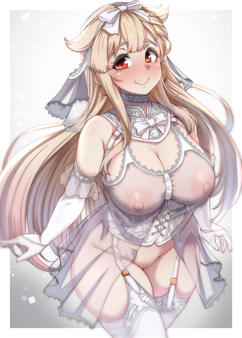 1girl alternate_costume areolae babydoll blonde_hair blush breasts closed_mouth corset duplicate elbow_gloves eyebrows_visible_through_hair female_pubic_hair garter_straps gloves hair_flaps hair_ornament hair_ribbon highres kantai_collection konoshige_(ryuun) large_breasts lingerie long_hair looking_at_viewer nipples nose_blush pubic_hair red_eyes remodel_(kantai_collection) revealing_clothes ribbon see-through smile solo thighhighs underwear underwear_only white_gloves white_legwear yuudachi_(kantai_collection)