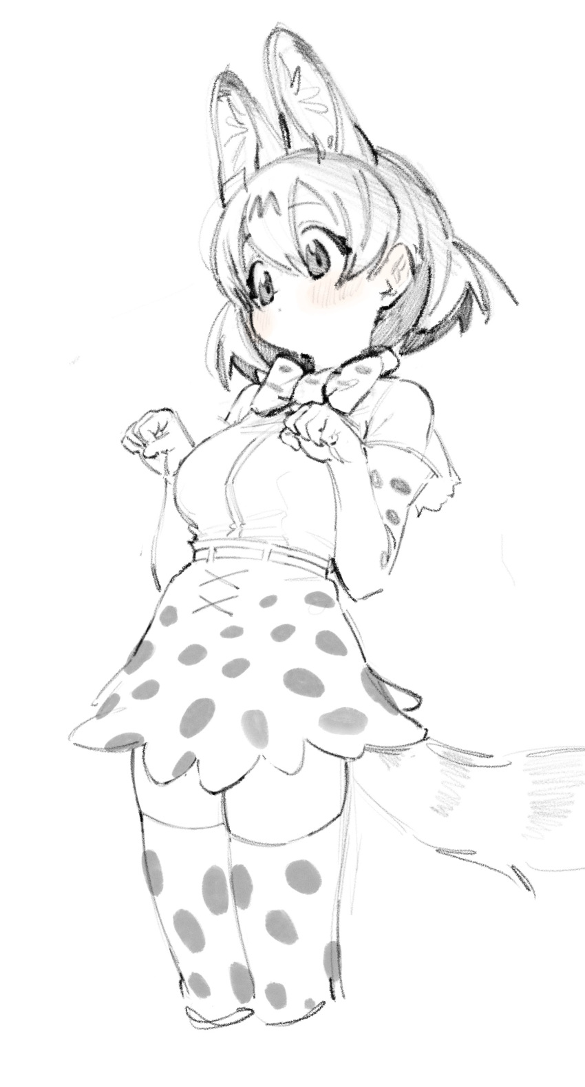1girl absurdres animal_ears bangs blush bow bowtie breasts cowboy_shot cropped_legs elbow_gloves eyebrows_visible_through_hair gloves hair_between_eyes high-waist_skirt highres kemono_friends kona_ming medium_breasts monochrome paw_pose serval_(kemono_friends) serval_tail shirt short_hair skirt sleeveless solo spot_color tail white_background