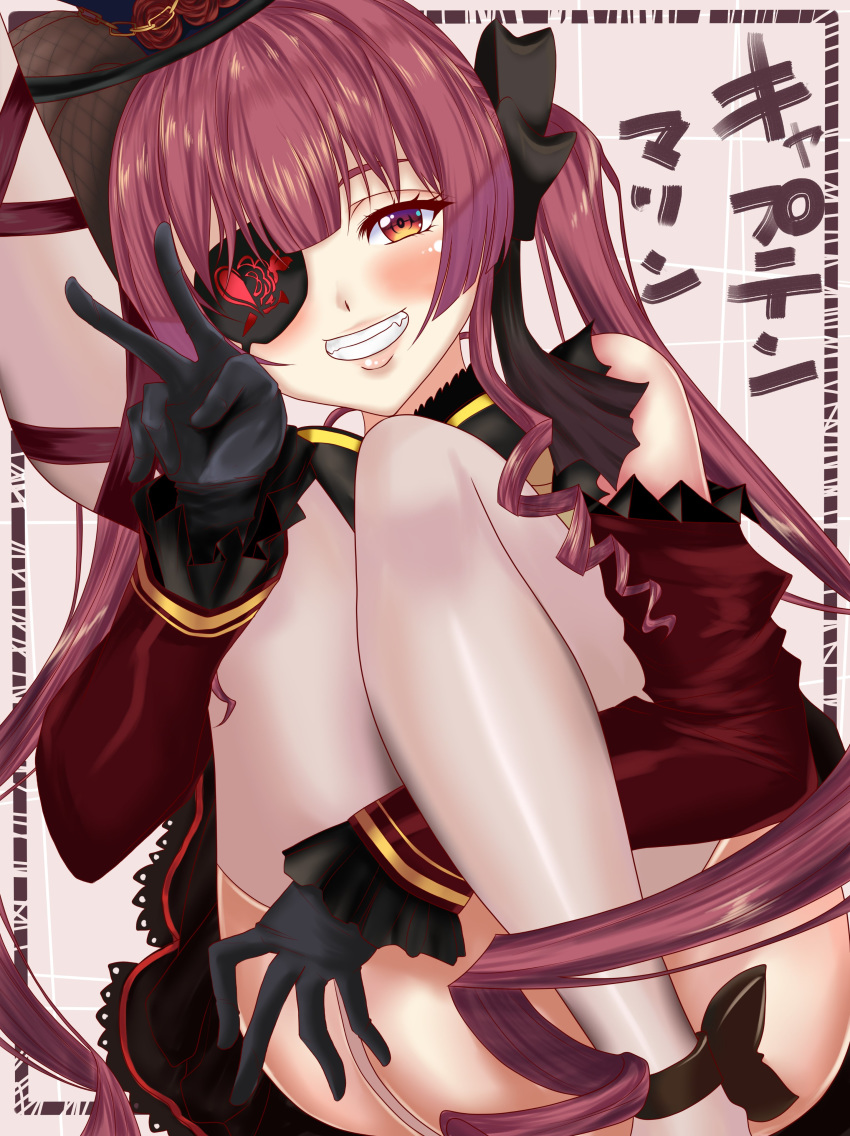 1girl absurdres ankle_bow black_border black_gloves black_skirt blush border bow brown_eyes detached_sleeves drill_locks eyepatch fang garter_straps gloves grin hat highres hololive houshou_marine kamiesisyanon leg_hold leg_up lips long_hair looking_at_viewer red_eyes red_hair ringlets skirt smile solo tan_background thighhighs translated twintails v very_long_hair white_legwear