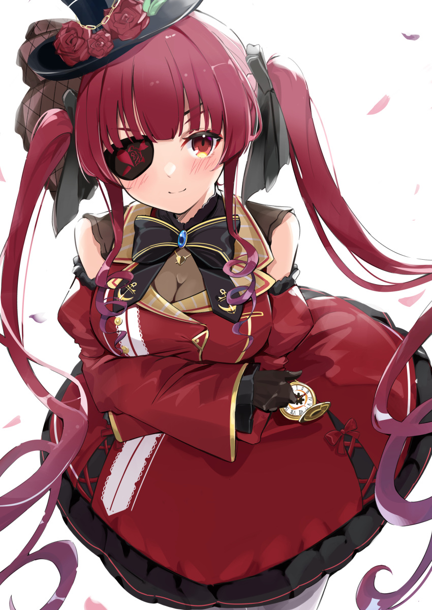 1girl absurdres anbasa_(amaneyuz13) black_gloves black_ribbon blush breast_hold breasts cleavage detached_sleeves double-breasted dress drill_locks eyepatch falling_petals flower gloves hat hat_flower highres hololive houshou_marine large_breasts long_hair looking_at_viewer looking_up pocket_watch red_dress red_eyes red_hair ribbon ringlets rose sidelocks simple_background solo thighs transparent_shirt twintails very_long_hair watch white_background white_legwear