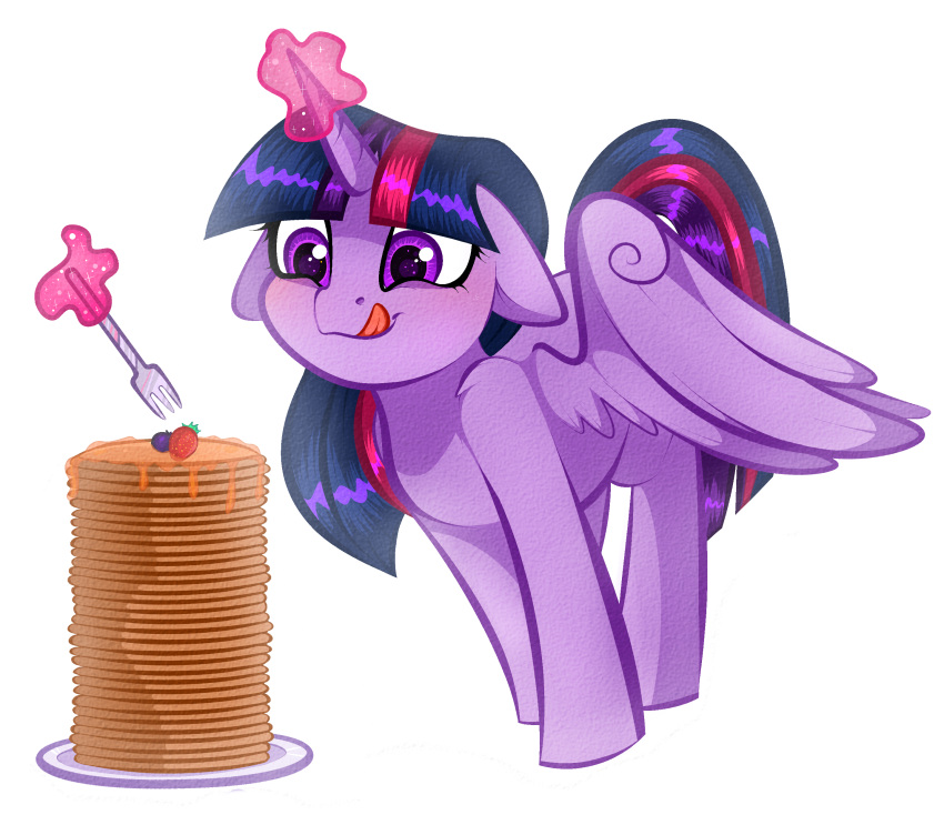 absurd_res berry cutlery equid equine feathered_wings feathers female feral food fork friendship_is_magic fruit hair hi_res horn horse kitchen_utensils licking licking_lips magic mammal my_little_pony pancake plant pony purple_body purple_hair tongue tongue_out tools twilight_sparkle_(mlp) winged_unicorn wings