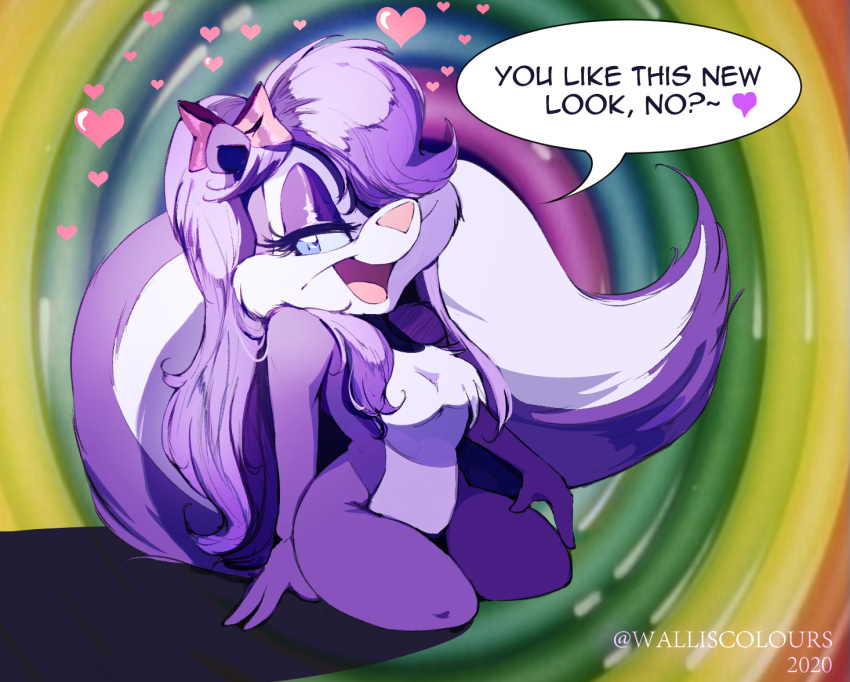 &lt;3 2020 accessory anthro blue_eyes dialogue english_text eyelashes eyeshadow female fifi_la_fume hair hair_accessory hair_bow hair_over_eye hair_ribbon long_hair looking_at_viewer makeup mammal mephitid one_eye_obstructed open_mouth pink_nose purple_eyeshadow purple_hair ribbons skunk solo speech_bubble talking_to_viewer text tiny_toon_adventures walliscolours warner_brothers willisrisque