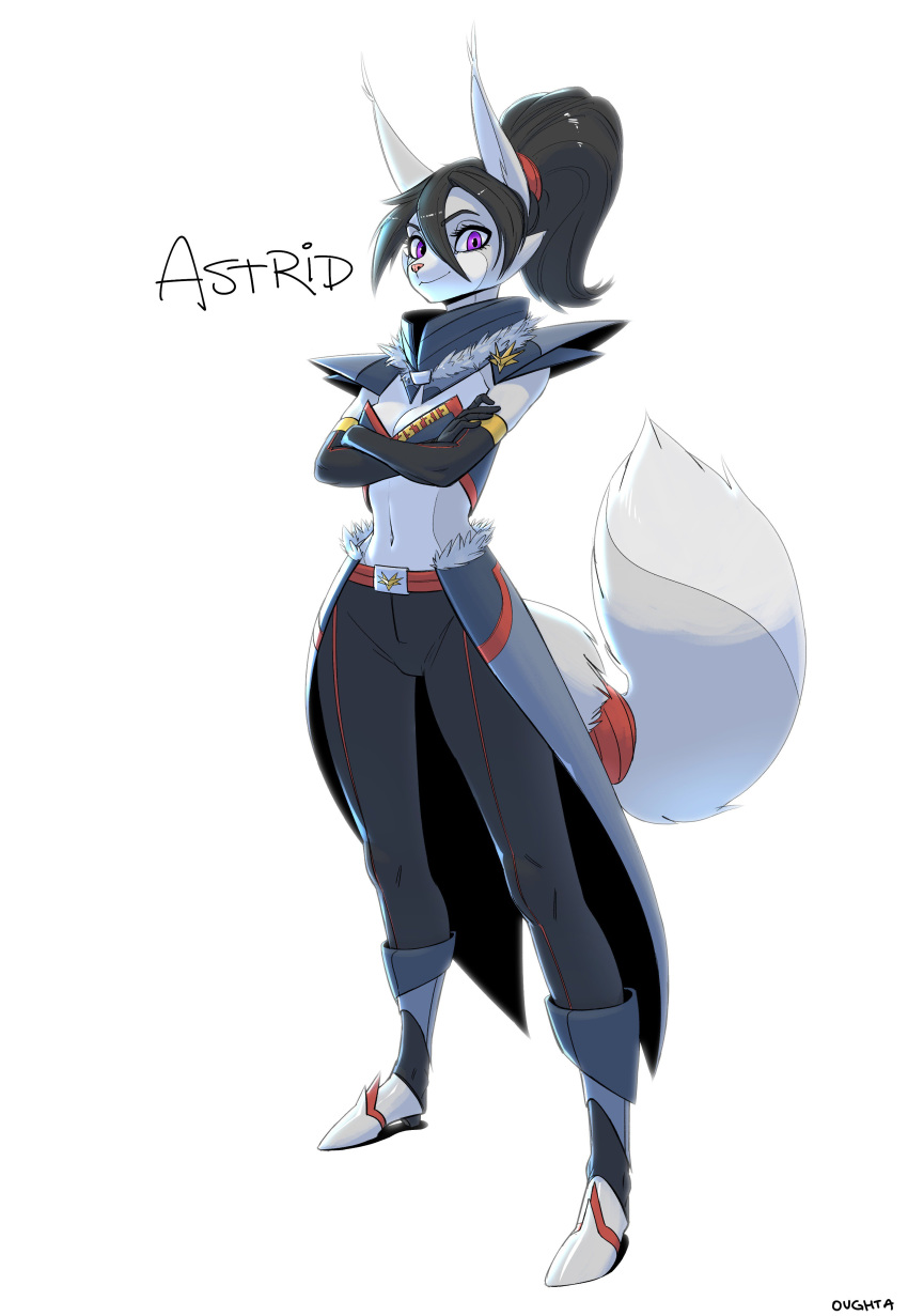 absurd_res anthro armwear astrid_(oughta) black_hair bottomwear breasts canid canine cleavage clothed clothing crossed_arms elbow_gloves female footwear fox fur gloves hair handwear hi_res looking_at_viewer mammal oughta pants ponytail pupils purple_eyes shoes simple_background slit_pupils solo white_background white_body white_fur