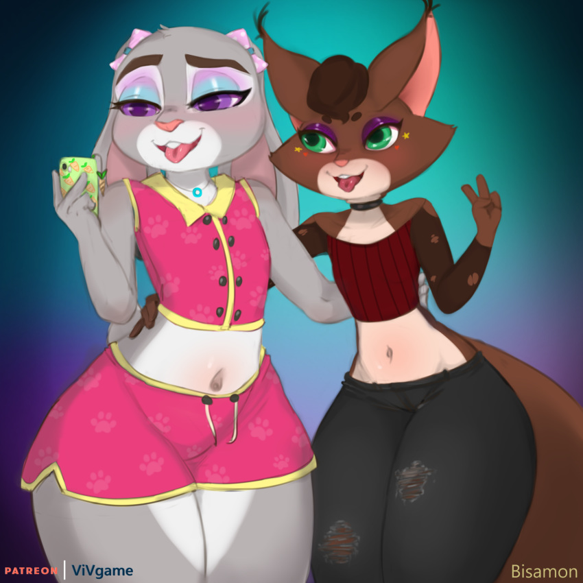 1:1 accessory anthro bisamon bottomwear clothing denim denim_clothing disney duo ears_back female female/female friends hair_accessory hair_bow hair_ribbon hi_res jeans judy_hopps lagomorph leporid mammal pants pivoted_ears rabbit ribbons rodent sciurid shorts signature thick_thighs tongue top video_games visual_novel vivien_martin zootopia