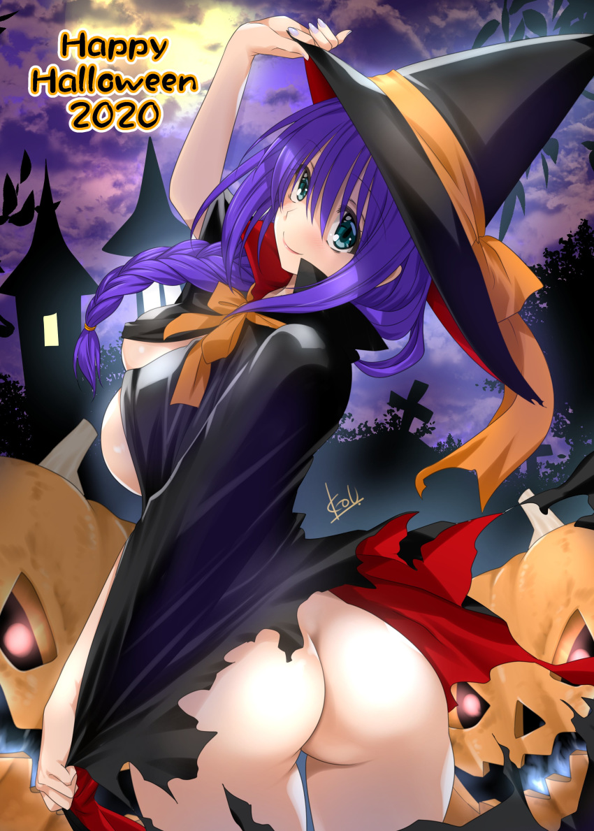 1girl 2020 absurdres ass back blue_eyes blush bow braid breasts butt_crack cape costume cross dated from_behind full_moon ghost hair_intakes hair_over_shoulder halloween halloween_costume happy_halloween hat highres jack-o'-lantern kanon large_breasts long_hair looking_at_viewer looking_back mature minase_akiko mitarashi_kousei moon no_panties pumpkin purple_hair sideboob signature single_braid smile solo steeple trick_or_treat witch_hat