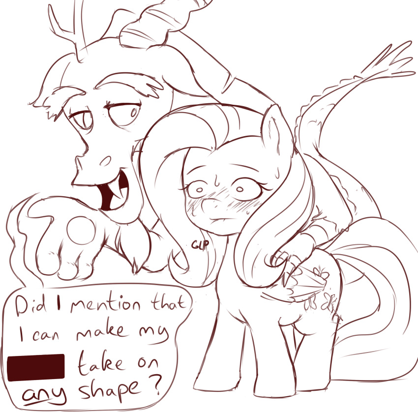 absurd_res blush bodily_fluids chimera cradeelcin discord_(mlp) draconequus duo english_text equid equine female feral friendship_is_magic hasbro hi_res male mammal monochrome my_little_pony pegasus simple_background sweat text white_background wings