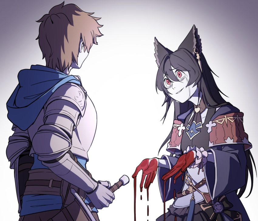 1boy 1girl animal_ears armor ascot bags_under_eyes black_hair blood bloody_hands brown_hair choker commentary crying crying_with_eyes_open ear_piercing earrings erune flower gran_(granblue_fantasy) granblue_fantasy highres holding holding_sword holding_weapon jewelry long_hair mefomefo nier_(granblue_fantasy) piercing purple_flower purple_rose red_eyes rose short_hair sword tears weapon