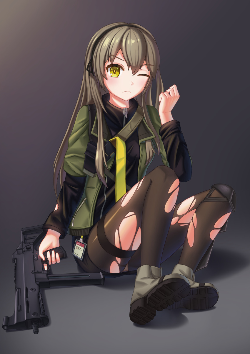 1girl absurdres bangs black_hairband black_ribbon black_shirt black_skirt boots brown_eyes brown_hair brown_legwear closed_mouth commentary eyebrows_visible_through_hair full_body girls_frontline green_jacket grey_footwear gun h&amp;k_ump40 hair_between_eyes hair_ribbon hairband hand_up highres holding holding_gun holding_weapon jacket long_hair long_sleeves looking_at_viewer object_namesake one_eye_closed open_clothes open_jacket pantyhose ribbon shadow shirt shoe_soles short_over_long_sleeves short_sleeves sitting skirt solo star-shaped_pupils star_(symbol) stratosphere_(coom1017) submachine_gun symbol-shaped_pupils torn_clothes torn_legwear ump40_(girls_frontline) v-shaped_eyebrows very_long_hair weapon