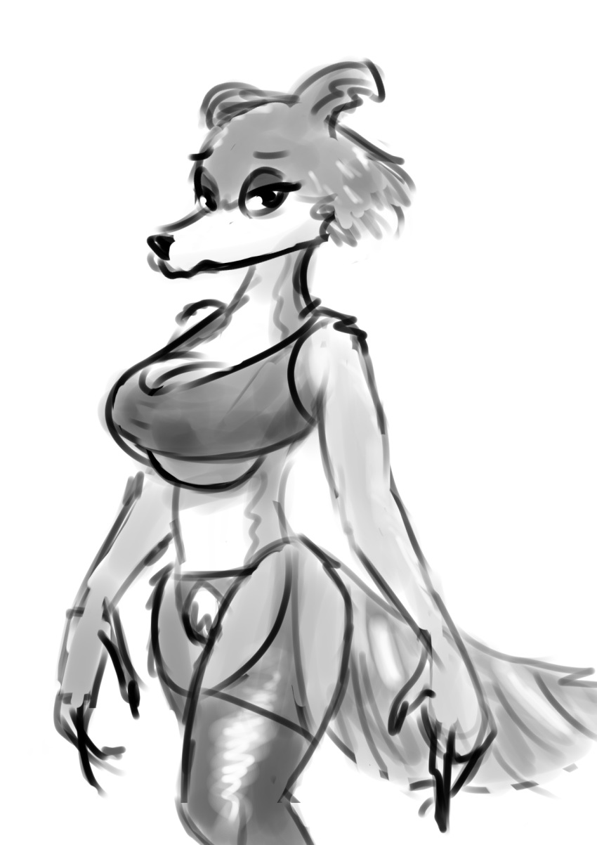 2020 anthro beastars bluedouble breasts canid canine canis clothed clothing female fur greyscale hi_res juno_(beastars) mammal monochrome portrait simple_background solo three-quarter_portrait white_background wolf