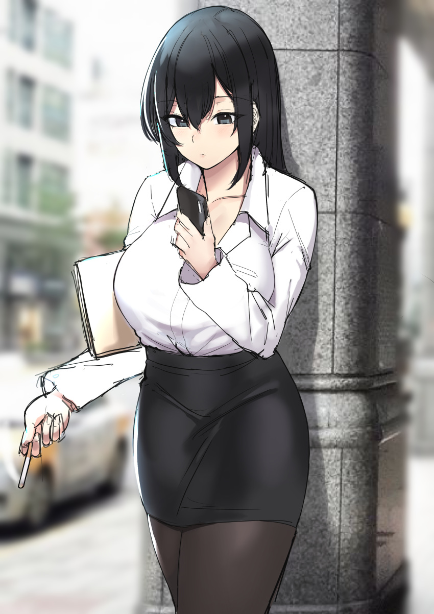 1girl absurdres black_hair black_legwear black_skirt blurry blurry_background breasts cellphone cigarette cleavage collared_shirt commentary_request dress_shirt grey_eyes ground_vehicle hair_between_eyes highres holding holding_cigarette holding_folder holding_phone k_jin large_breasts looking_at_phone miniskirt motor_vehicle office_lady original outdoors pantyhose phone pillar shirt shirt_tucked_in skirt smartphone standing white_shirt